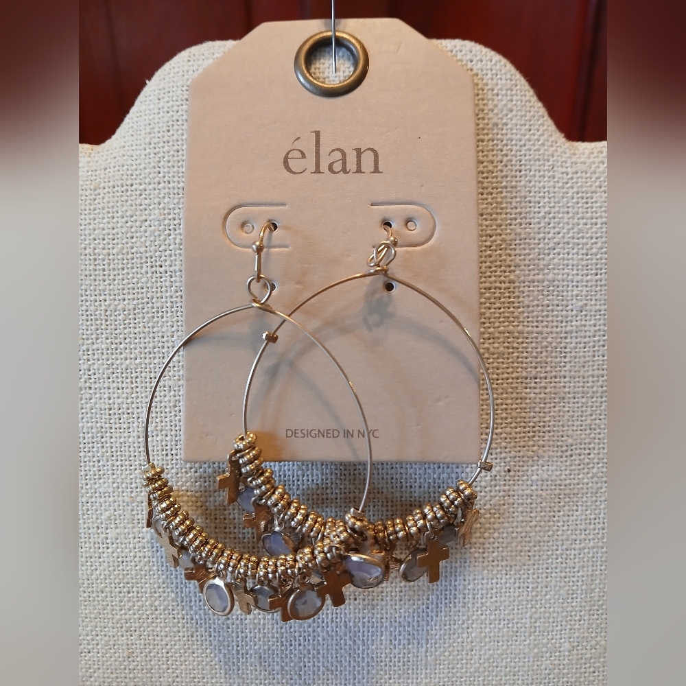 Elan Gold Hoop Earrings with Cross & Disc Charms